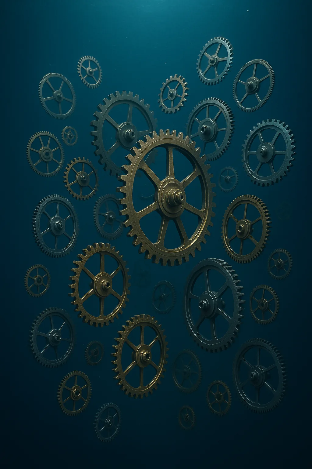 **Prompt:** > **Surreal conceptual art. A massive, intricate clockwork mechanism floating in a deep, vast underwater …