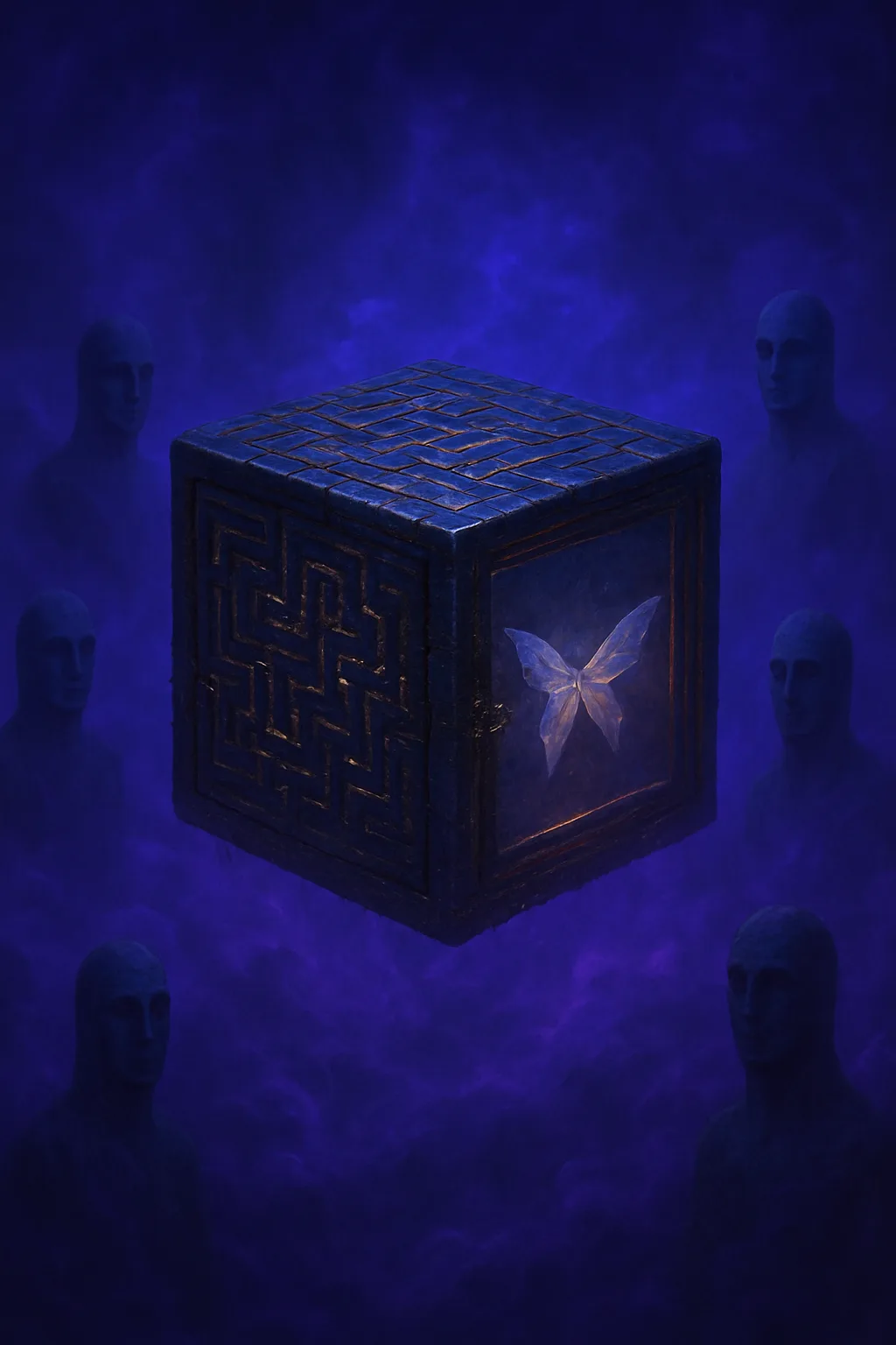 A weathered vault suspended in a sea of swirling ultraviolet fog; its surface etched with shifting …