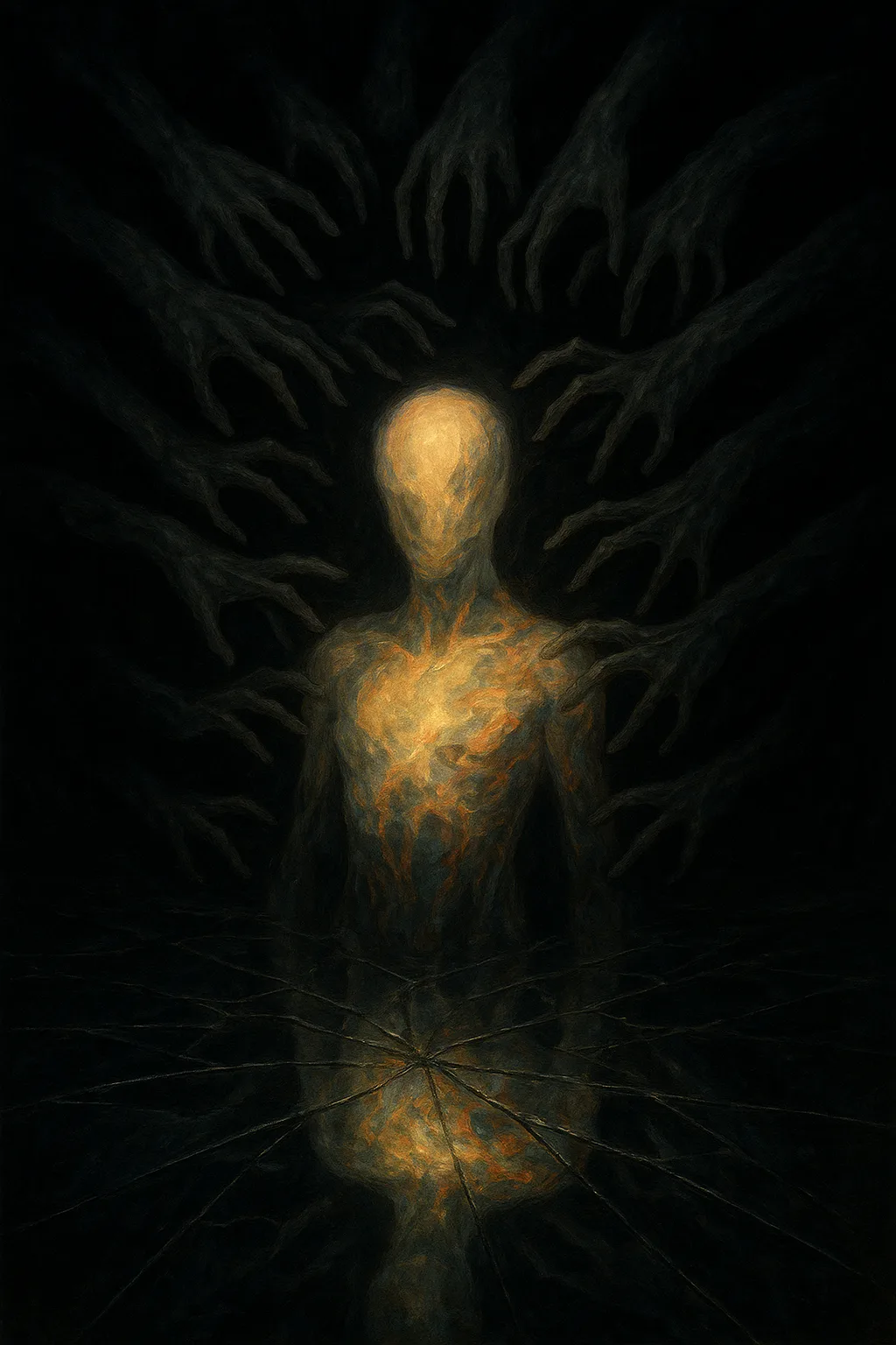 A storm of faceless hands stretching from the void, their fingers elongated like molten wax—reaching, molding, …