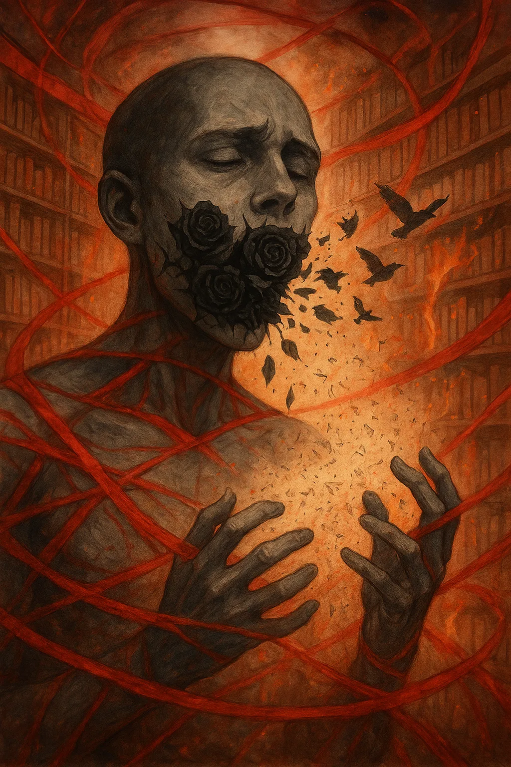 A figure with a mouth full of blooming black roses, thorns growing inward through the tongue …