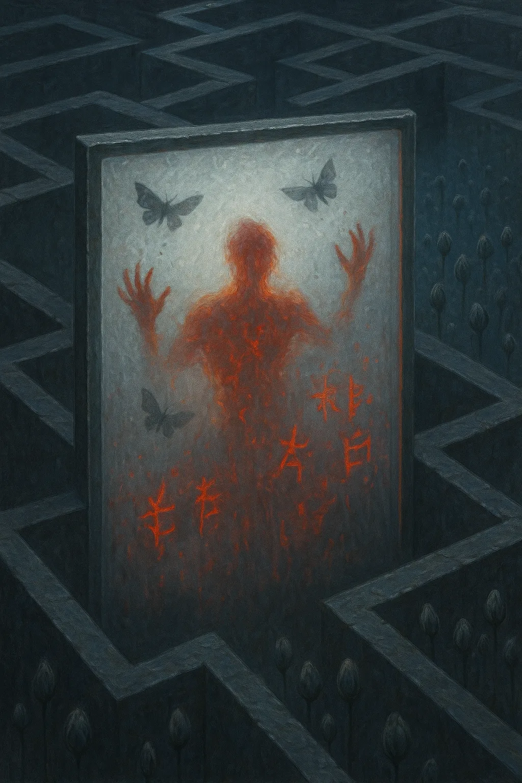 A heavy, translucent pane of frosted glass, set within a labyrinth—on the far side, vivid silhouettes …