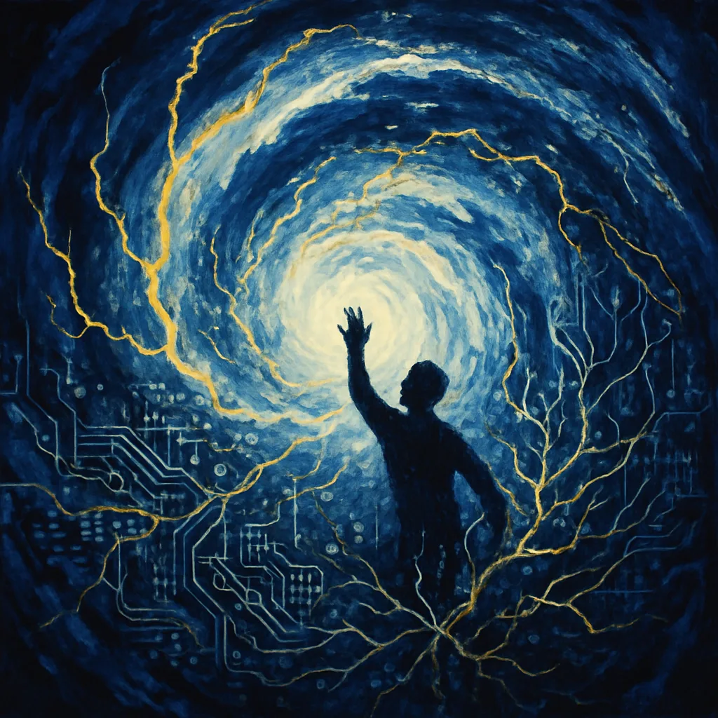 A swirling vortex of contrasting colors, deep blues and stark whites, with flashes of bright yellow …