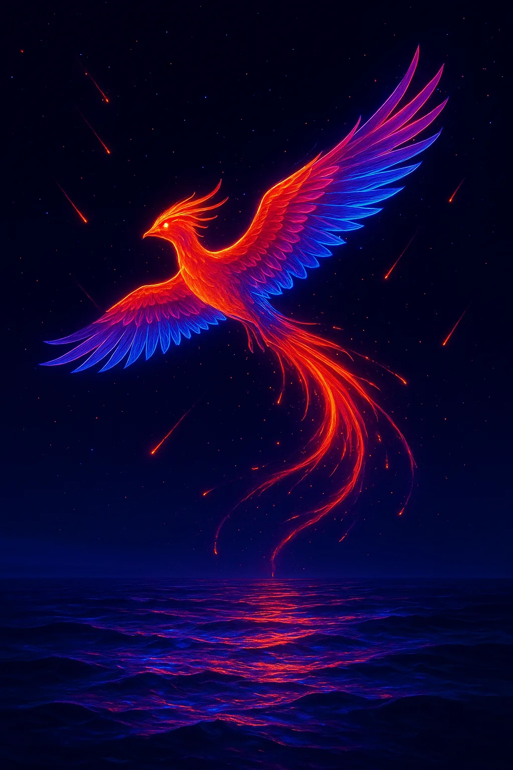 A neon phoenix soaring across an obsidian sky, its vibrant plumage shedding sparks that ignite as …