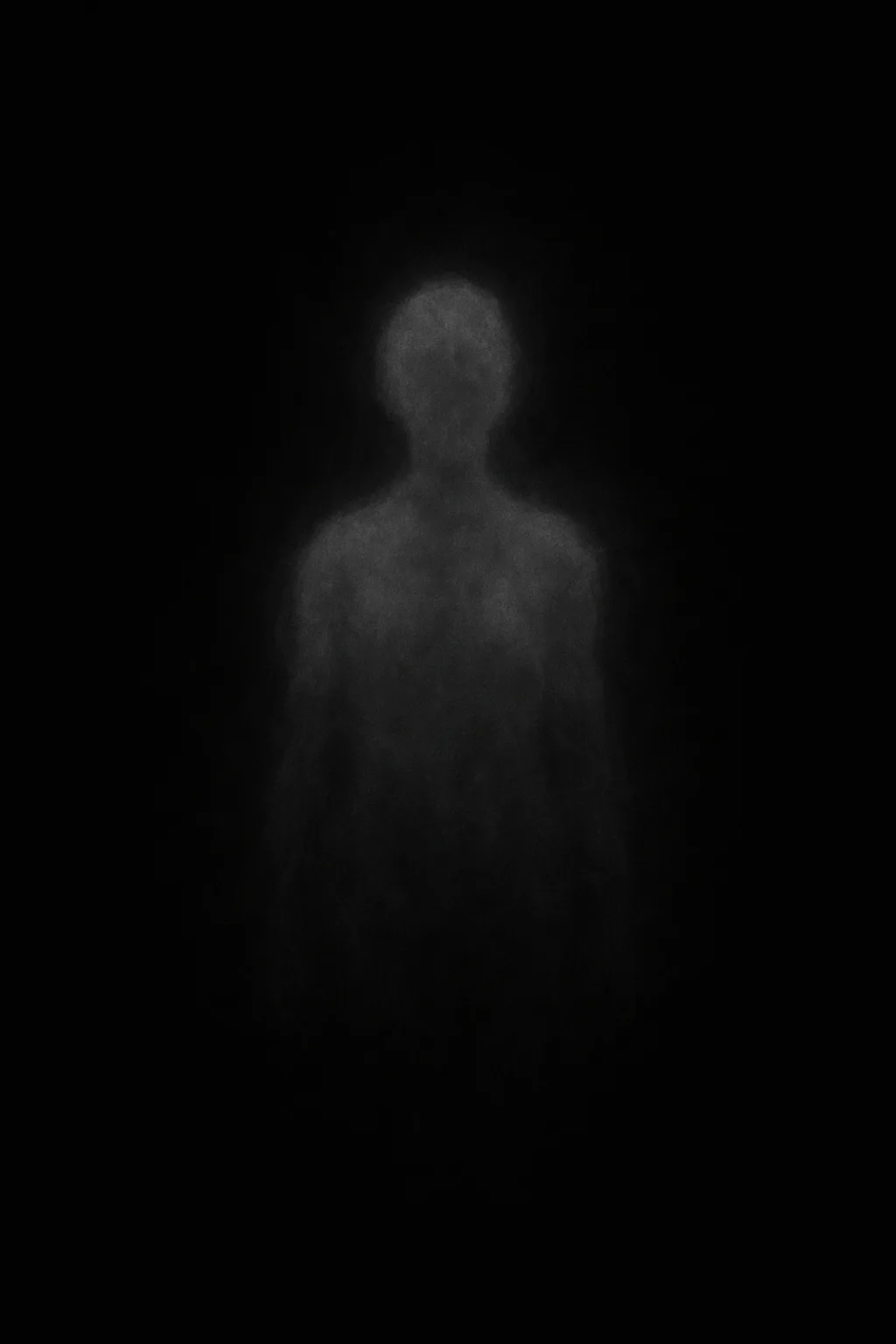 A single breath held in the shape of a person, suspended in absolute darkness. Not floating—simply …