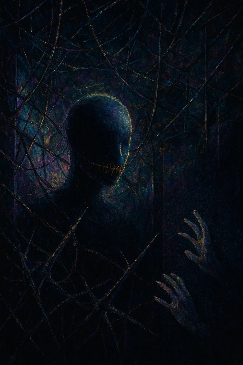 A storm of tangled wires and fractured mirrors suspended in a void, flickering with pulses of …