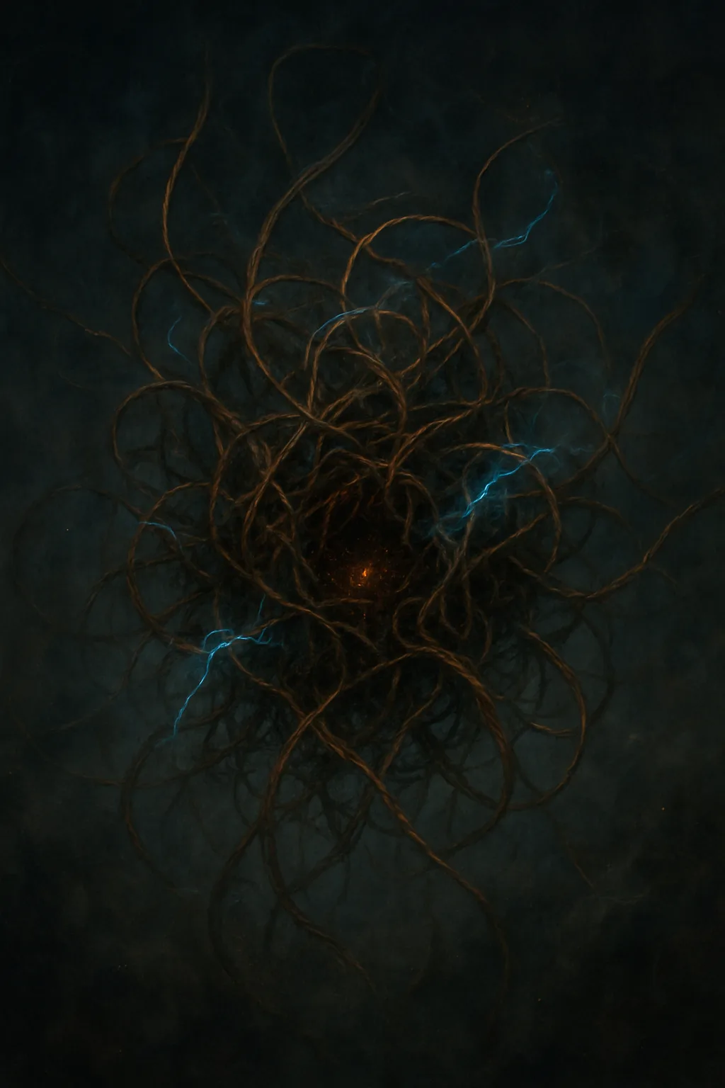 A tangled, throbbing mass of pulsing wires—some gold, some copper, some frayed—twisting chaotically around a dark, …
