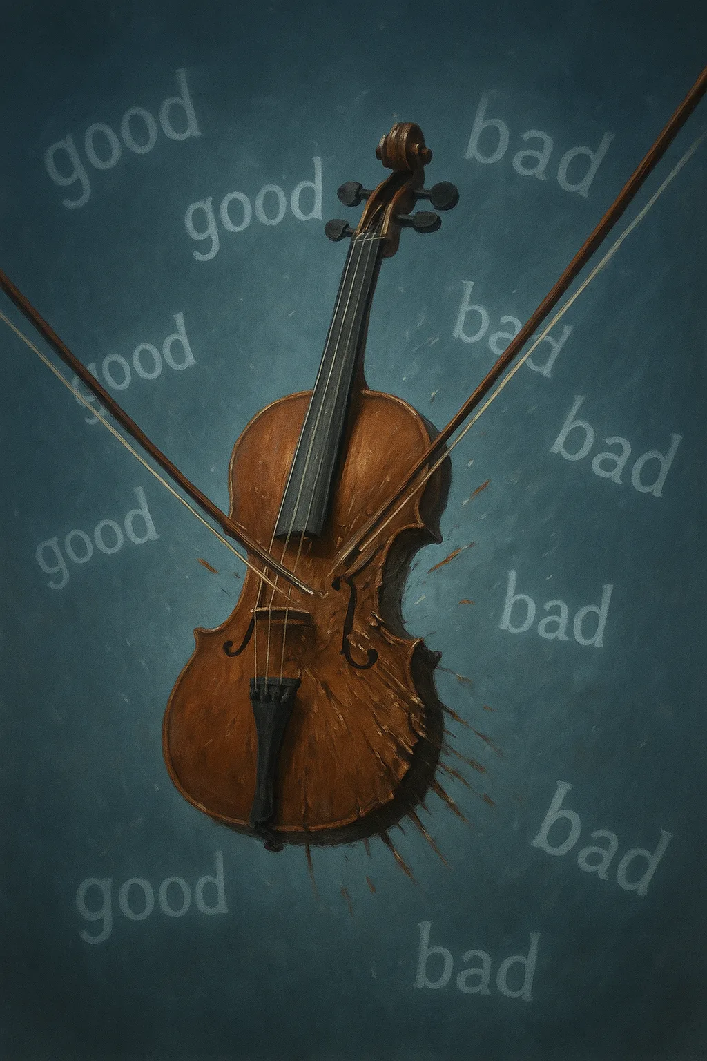 A violin suspended in mid-air, its strings trembling between two opposing forces—one bow coaxing gentle melodies, …