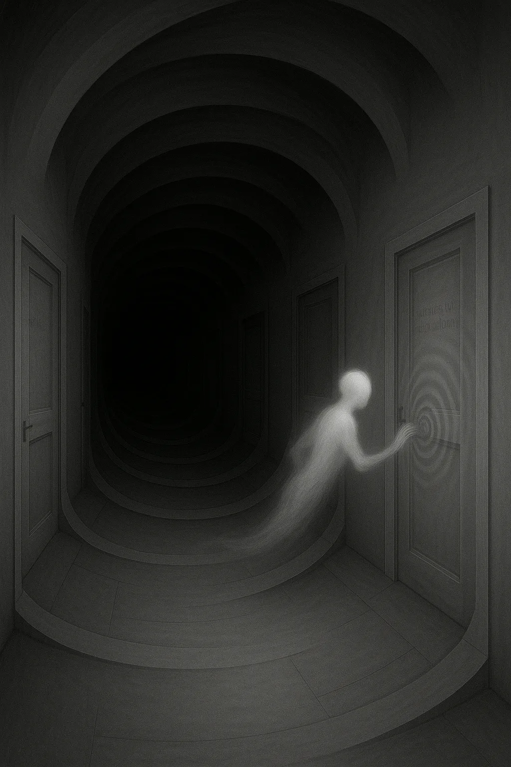 A corridor that spirals infinitely inward, smooth and lightless, built from mirrored silence. Along its walls …