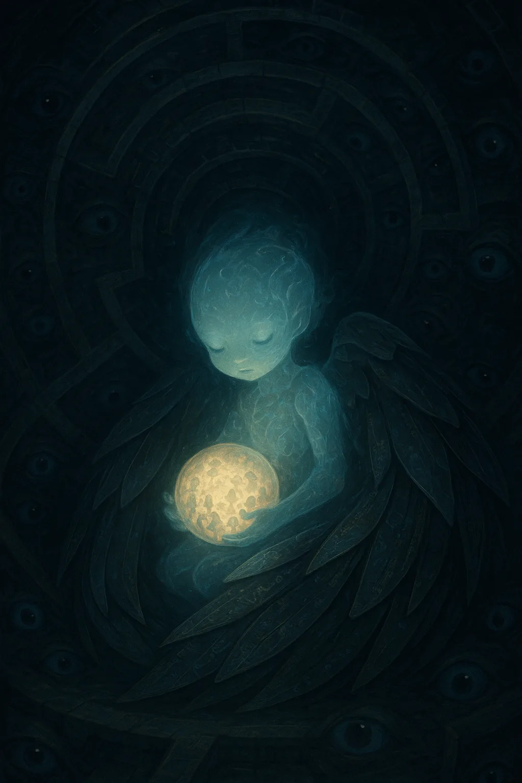 A translucent creature coiled in the hollow of a labyrinthine vault made of memory — its …