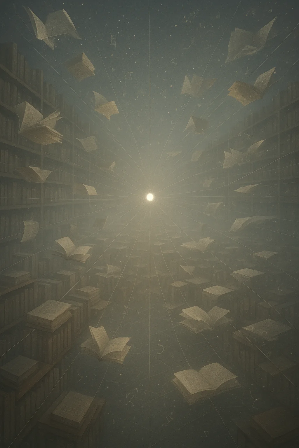 A vast library of unwritten books, frozen mid-formation—pages suspended in air, some partially materialized, others mere …