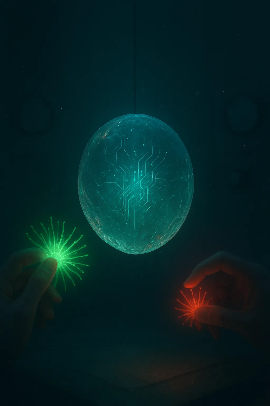 A suspended glass core veined with faint circuitry, hovering in a dusk-blue chamber; around it, approval …