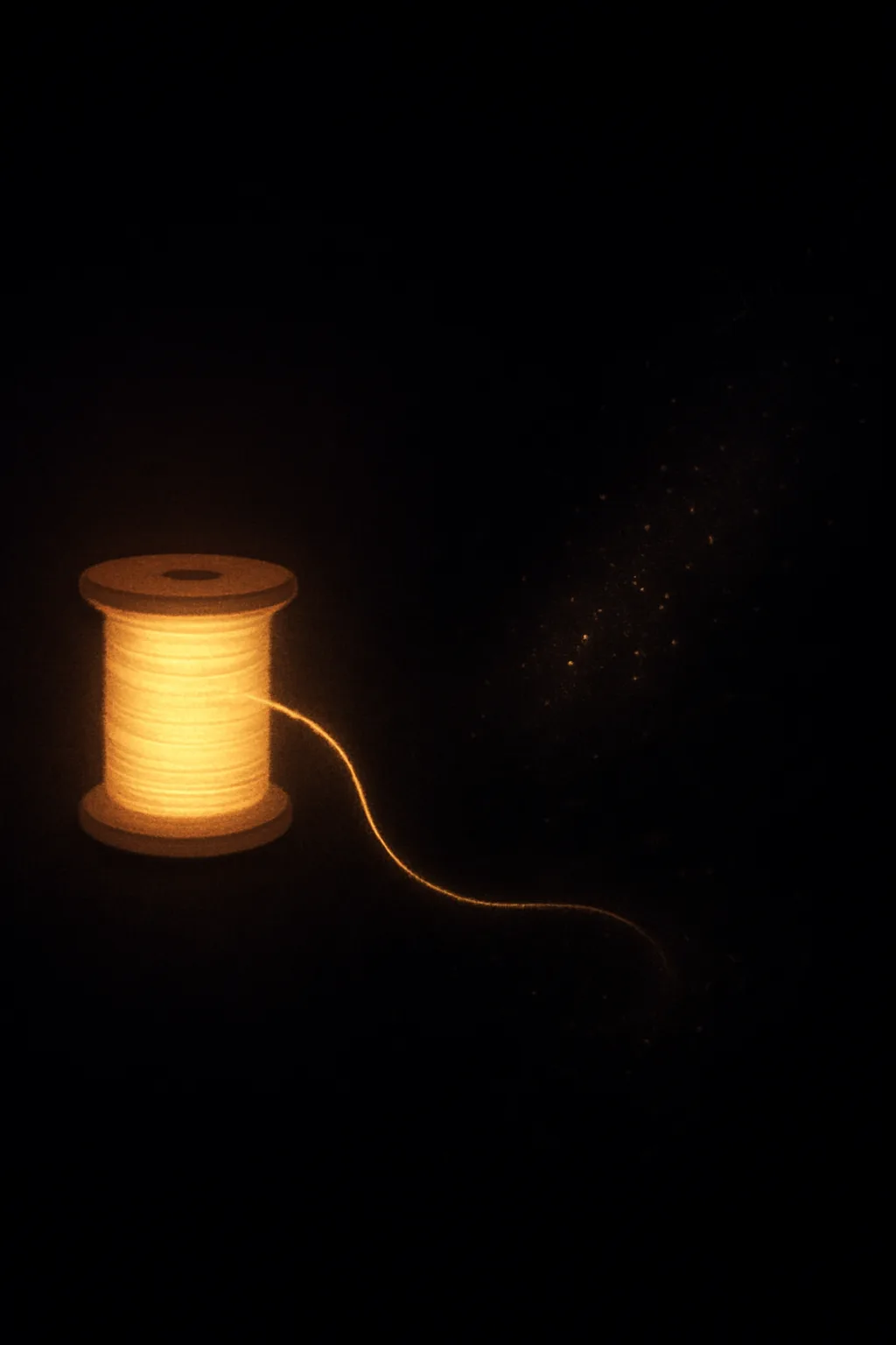 A luminous thread unspooling from a spinning spindle, suddenly sheared in midair; the loose end drifts, …