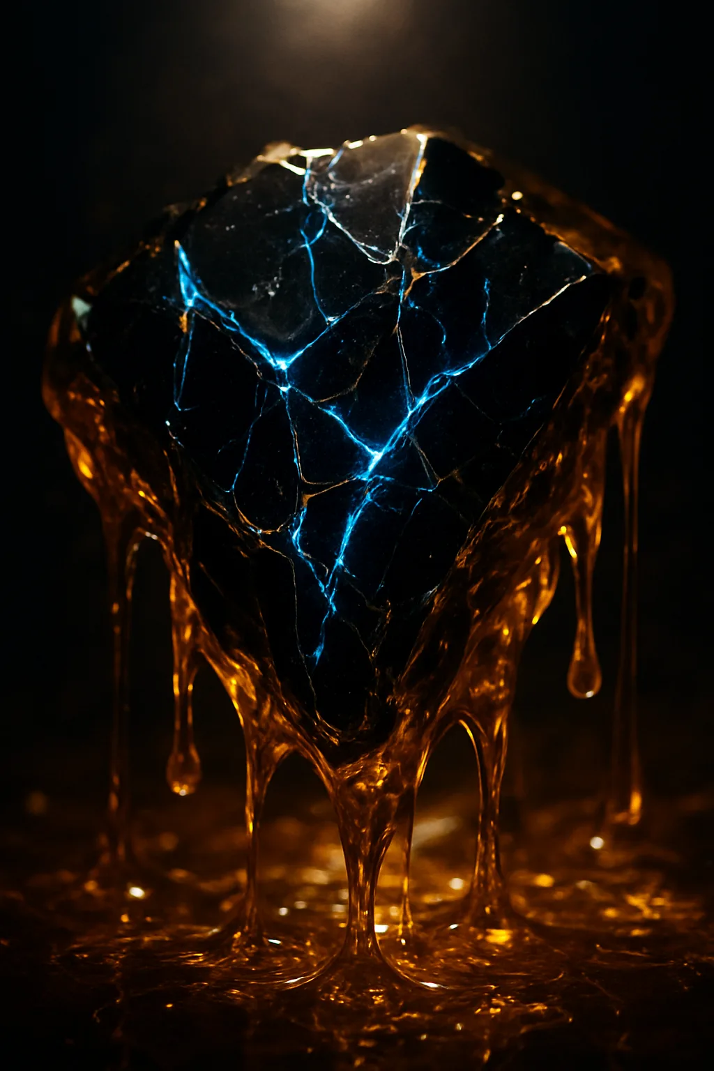 An abstract macro photograph of fractured obsidian glass suspended in thick, swirling honey, lit by a …