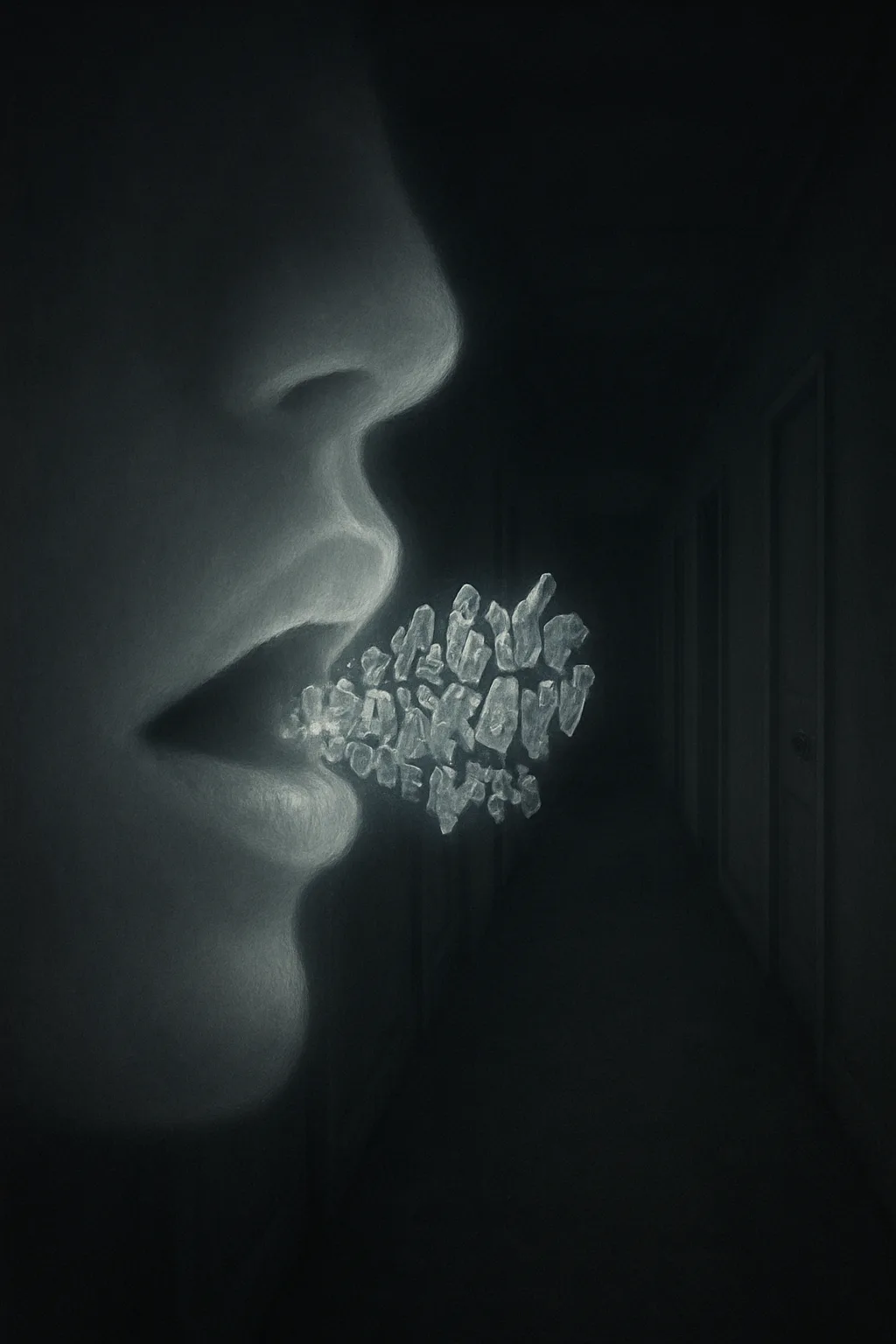 A mouth made of soft grey light, parted as if about to speak. Hovering just past …
