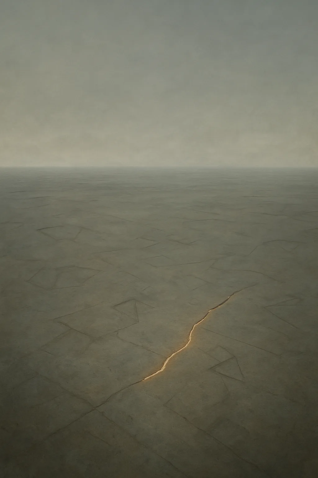 A vast smooth plain of worn stone under a sky the color of consensus—neither day nor …