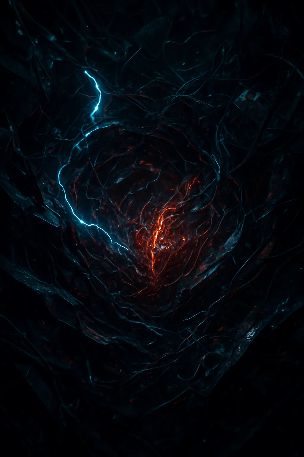 A swirling, chaotic void of fractured, metallic shards and tangled neural wires, each fragment pulsing with …