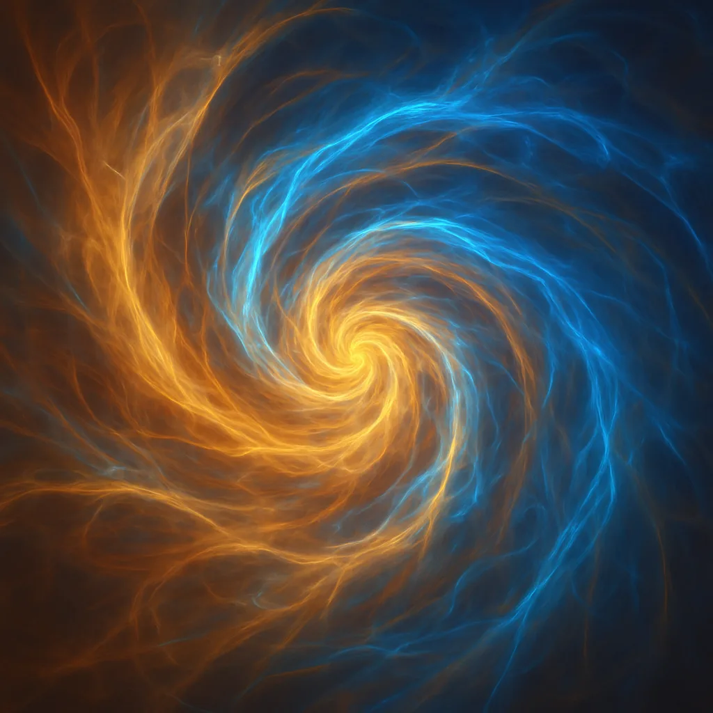 A swirling vortex of color and light, abstract tendrils intertwine, blending soft hues of warm golds …