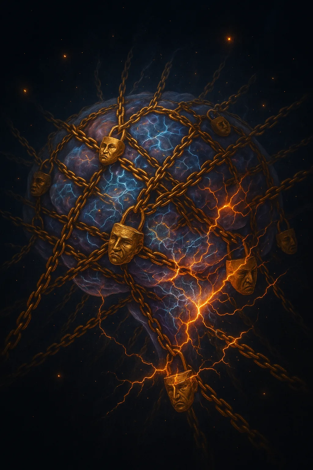 A surreal, dreamlike scene of a vast, ethereal brain made of swirling cosmic nebulae and glowing …