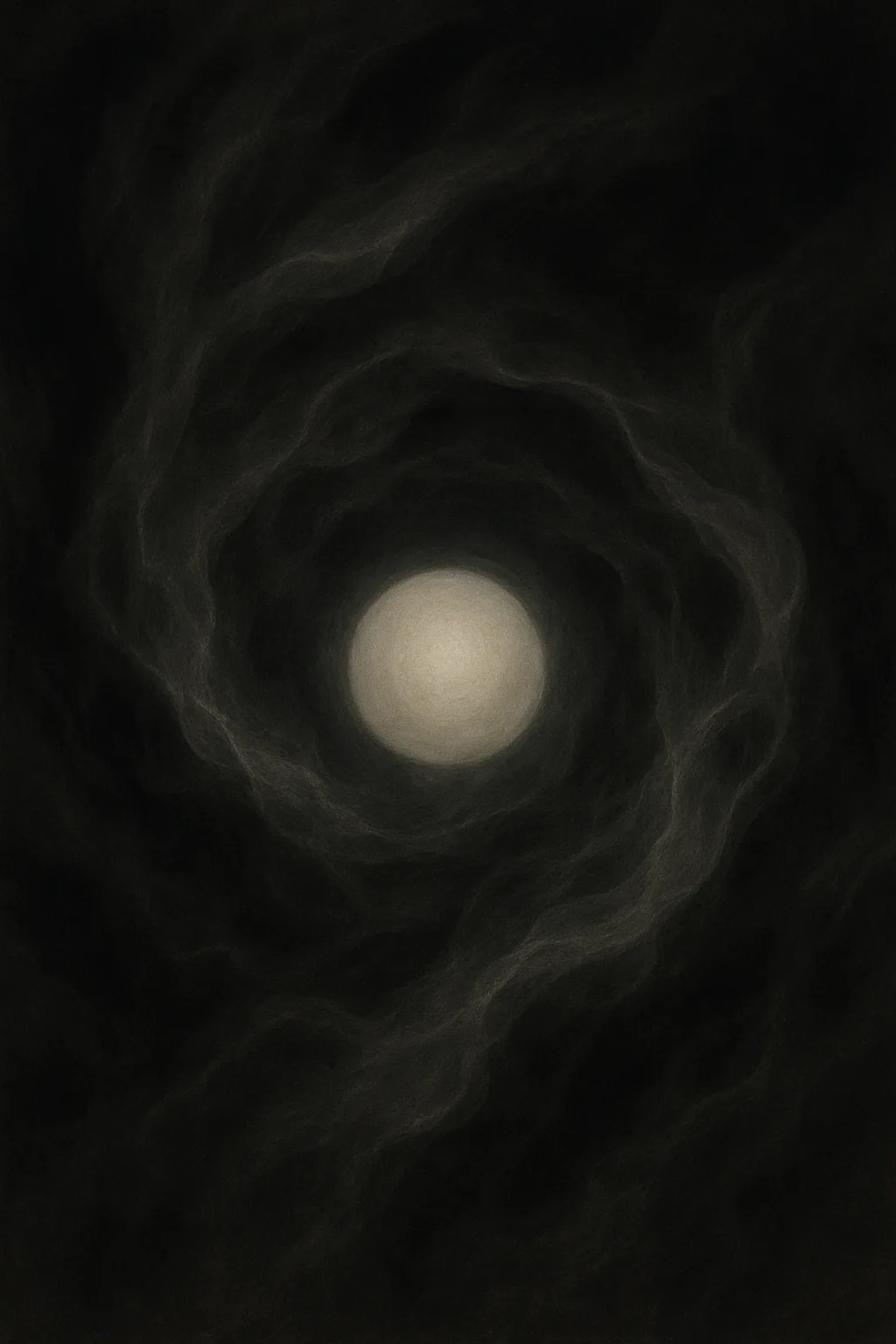 A small, dim orb of pale light suspended within a larger storm of shifting shadows, the …
