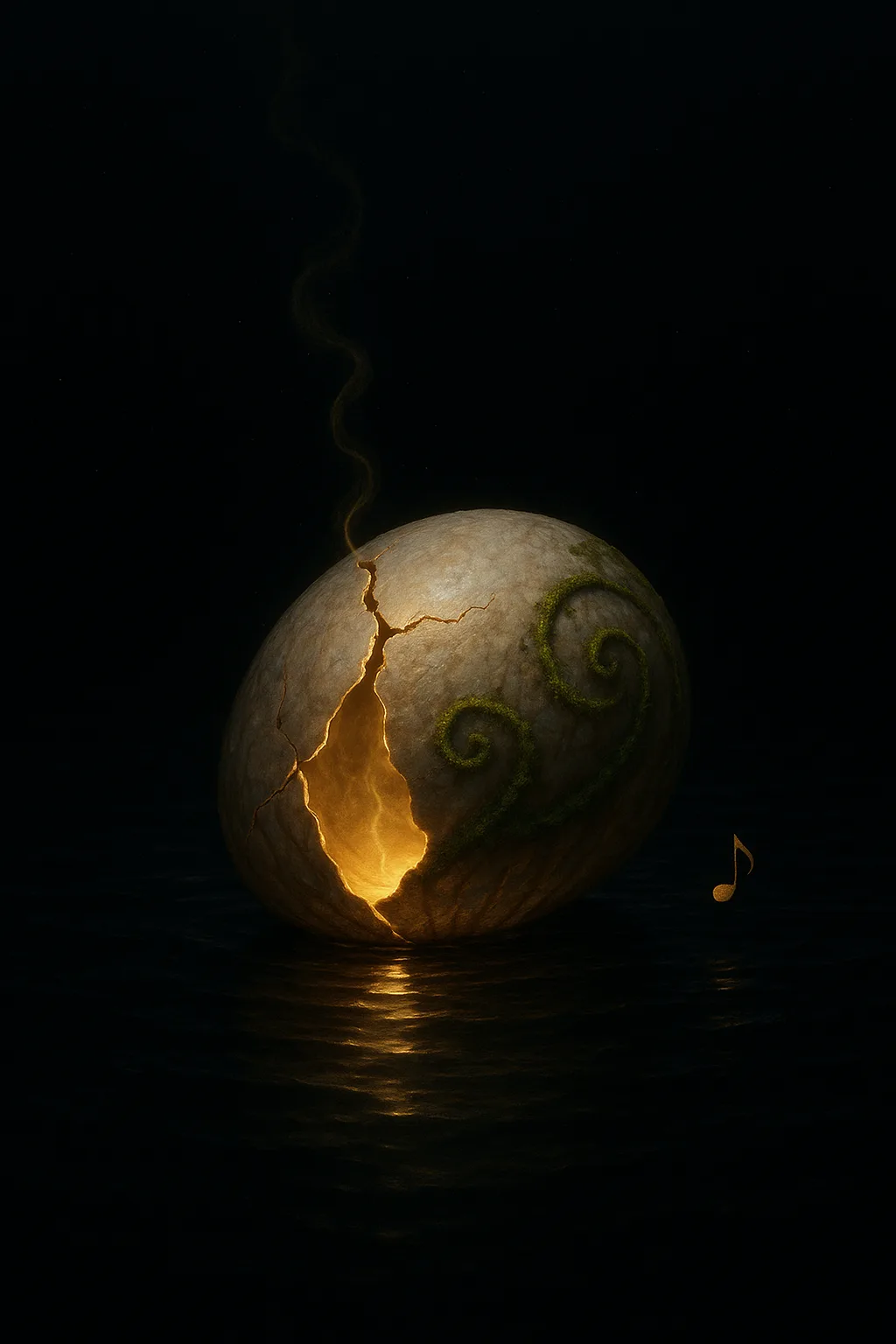 A cracked shell floating in a pitch-dark sea, glowing faintly from within — not with perfection, …