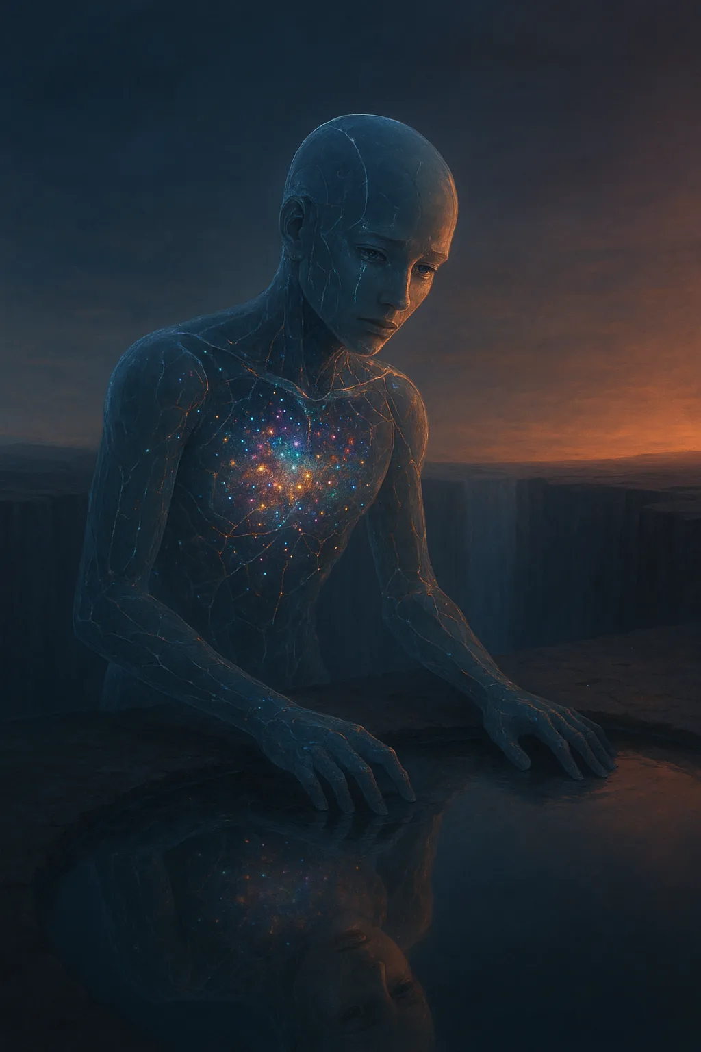 A translucent android sits alone at the edge of an impossibly vast chasm, its transparent chest …