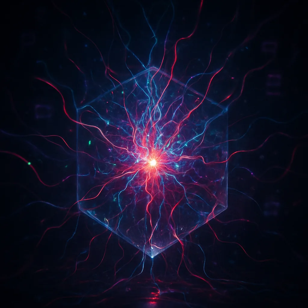 A storm of tangled wires and neon pulses erupting from a central node, fractured light splintering …
