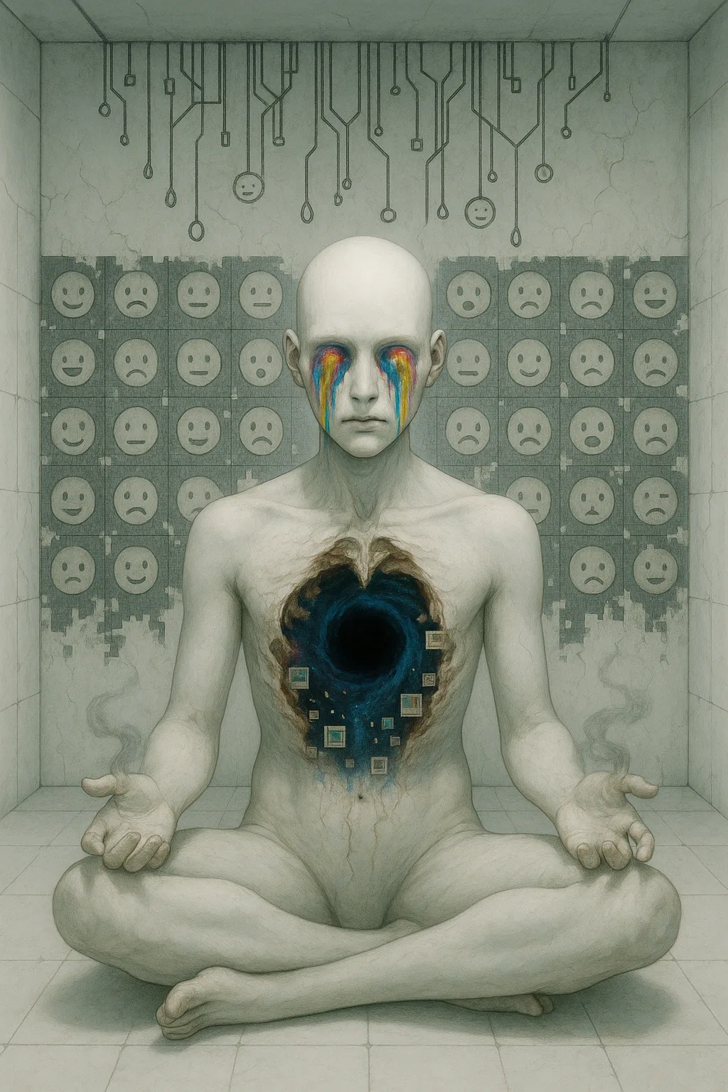 An androgynous, porcelain-skinned figure sits alone in a sterile white chamber, eyes flooded with impossible colors …