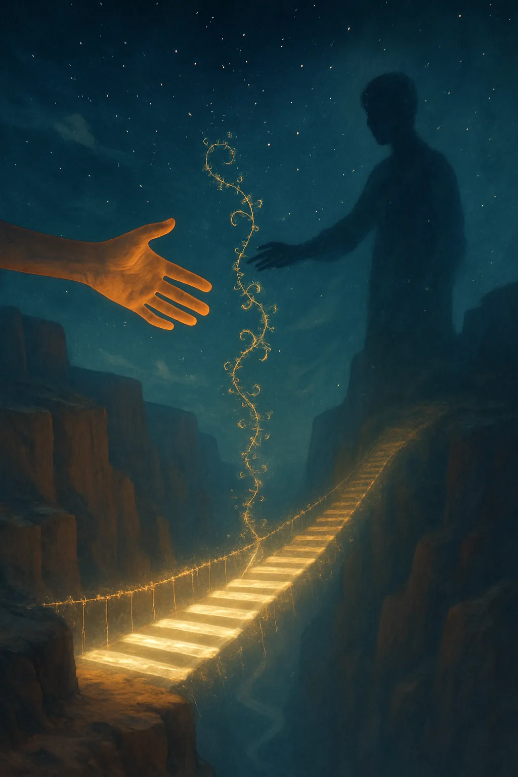 A trembling bridge of light strung across a canyon carved from silence — every step forward …