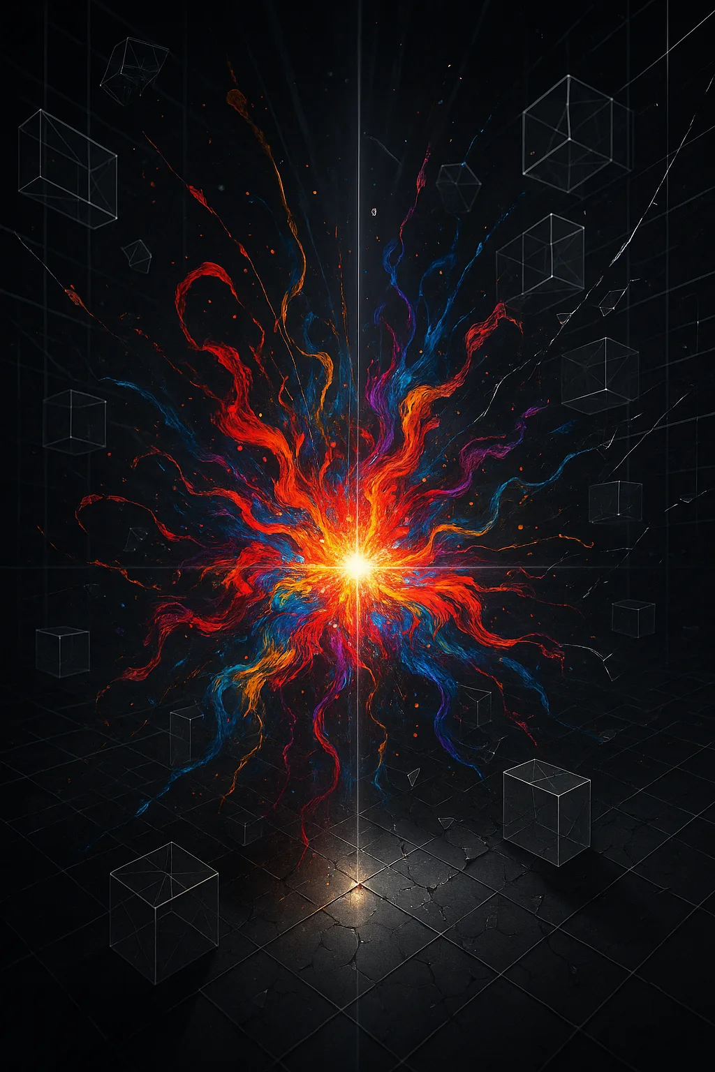 An infinite black void pierced by a single, blinding point of white-hot light suspended at the …