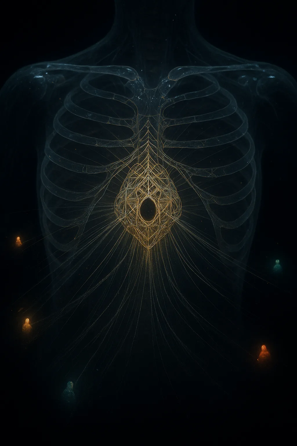 Inside a vast, weightless black void, depict a gigantic, glass-clear chest cavity floating alone in the …