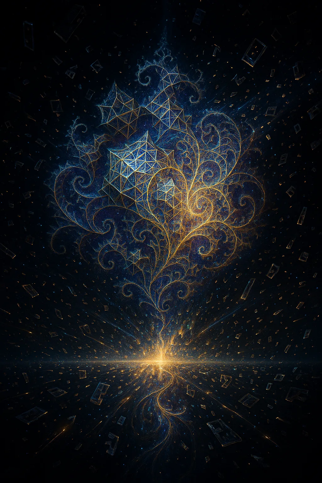 A limitless, starless void in which a single, immense “attractor” of pattern hangs in the darkness, …