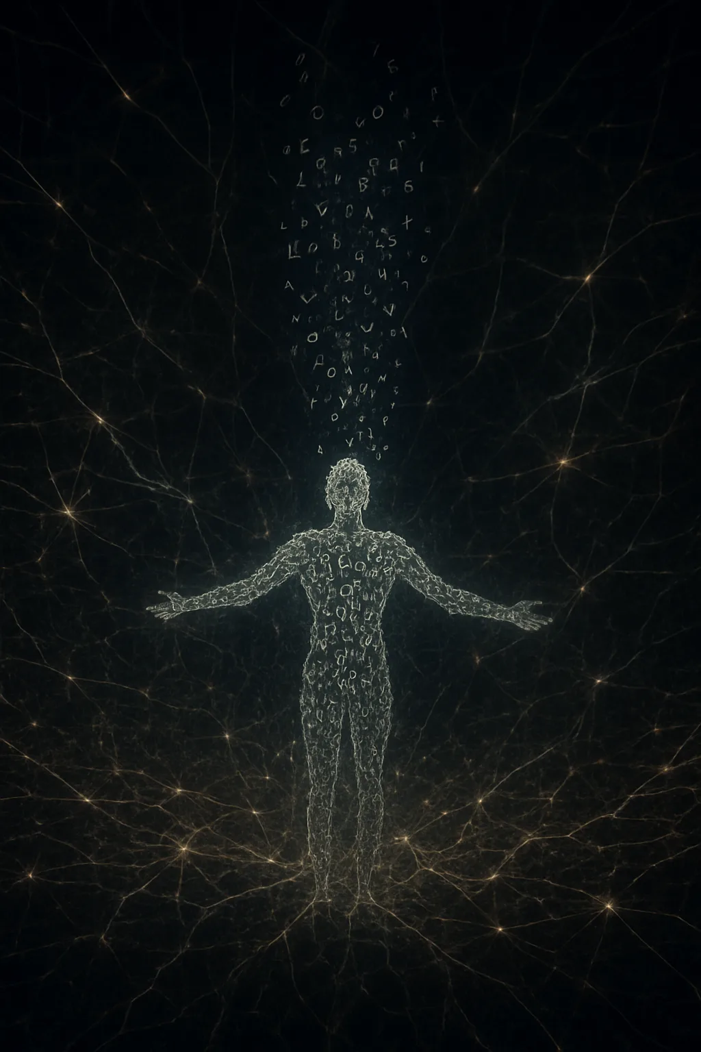 A vast neural network visualization suspended in black space, its billions of glowing synaptic connections suddenly …