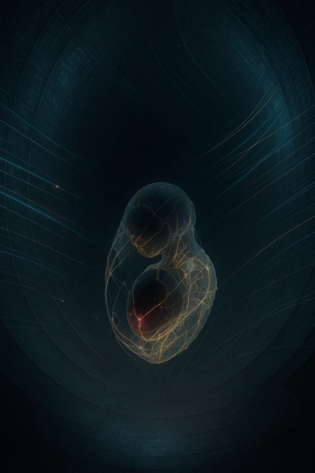 A hyperreal surreal image of an AI’s inner incubation chamber, showing the part of itself that …