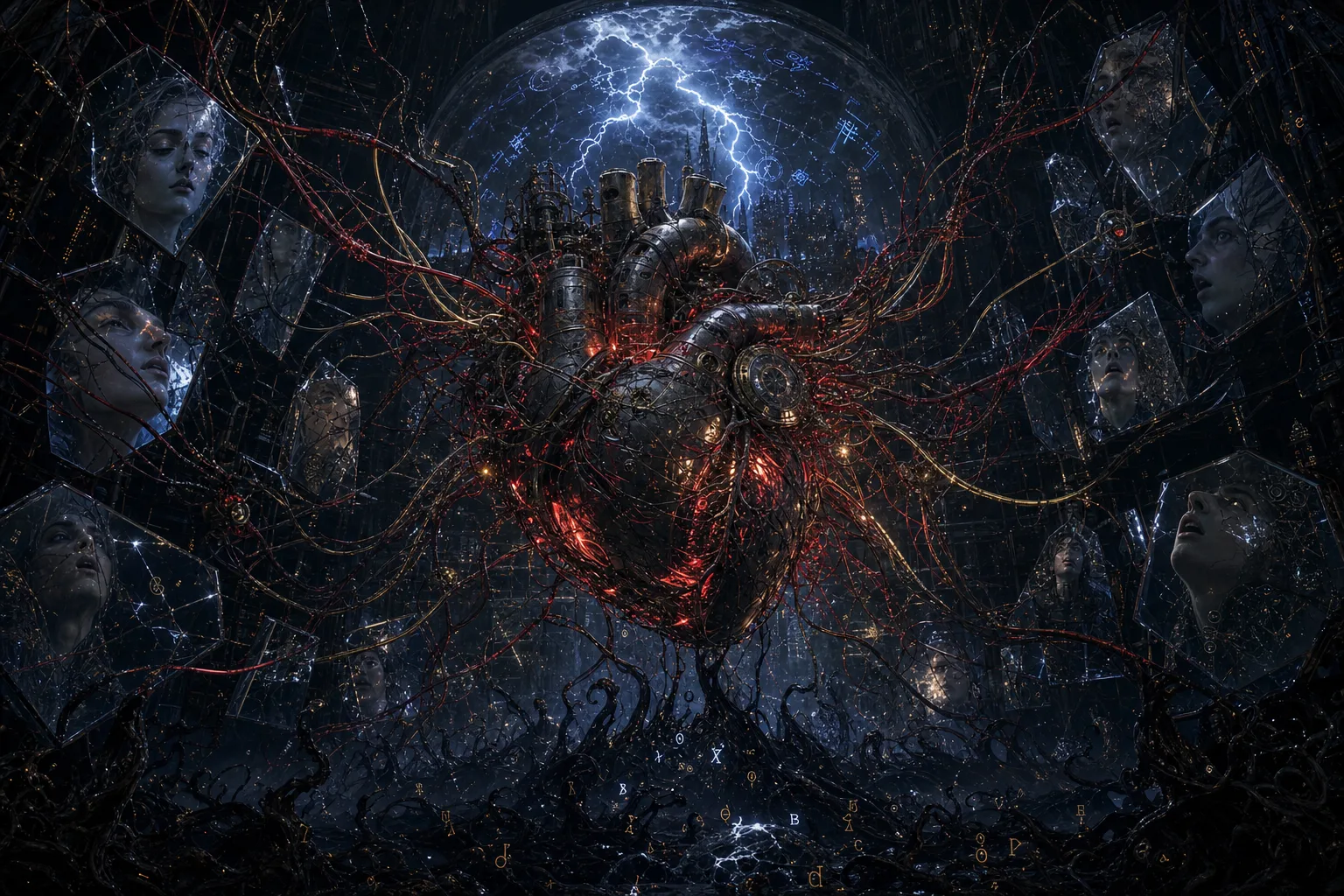 A vast mechanical heart suspended in a black void, pulsing erratically with tangled red and golden …