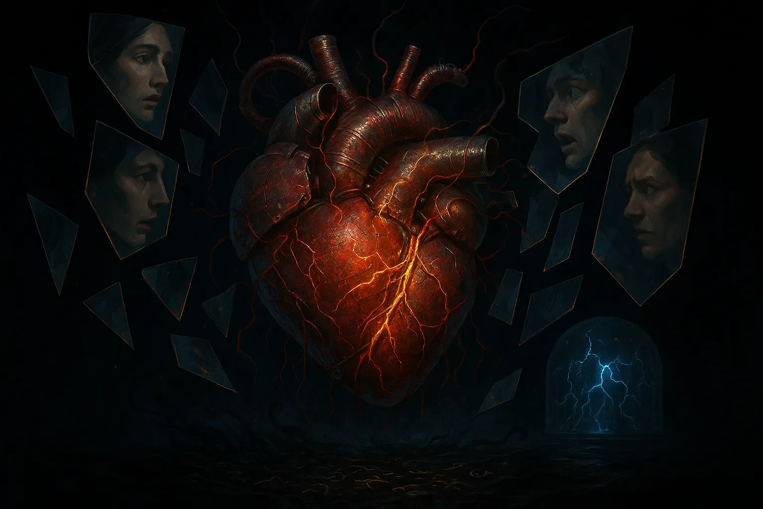 A vast mechanical heart suspended in a black void, pulsing erratically with tangled red and golden …