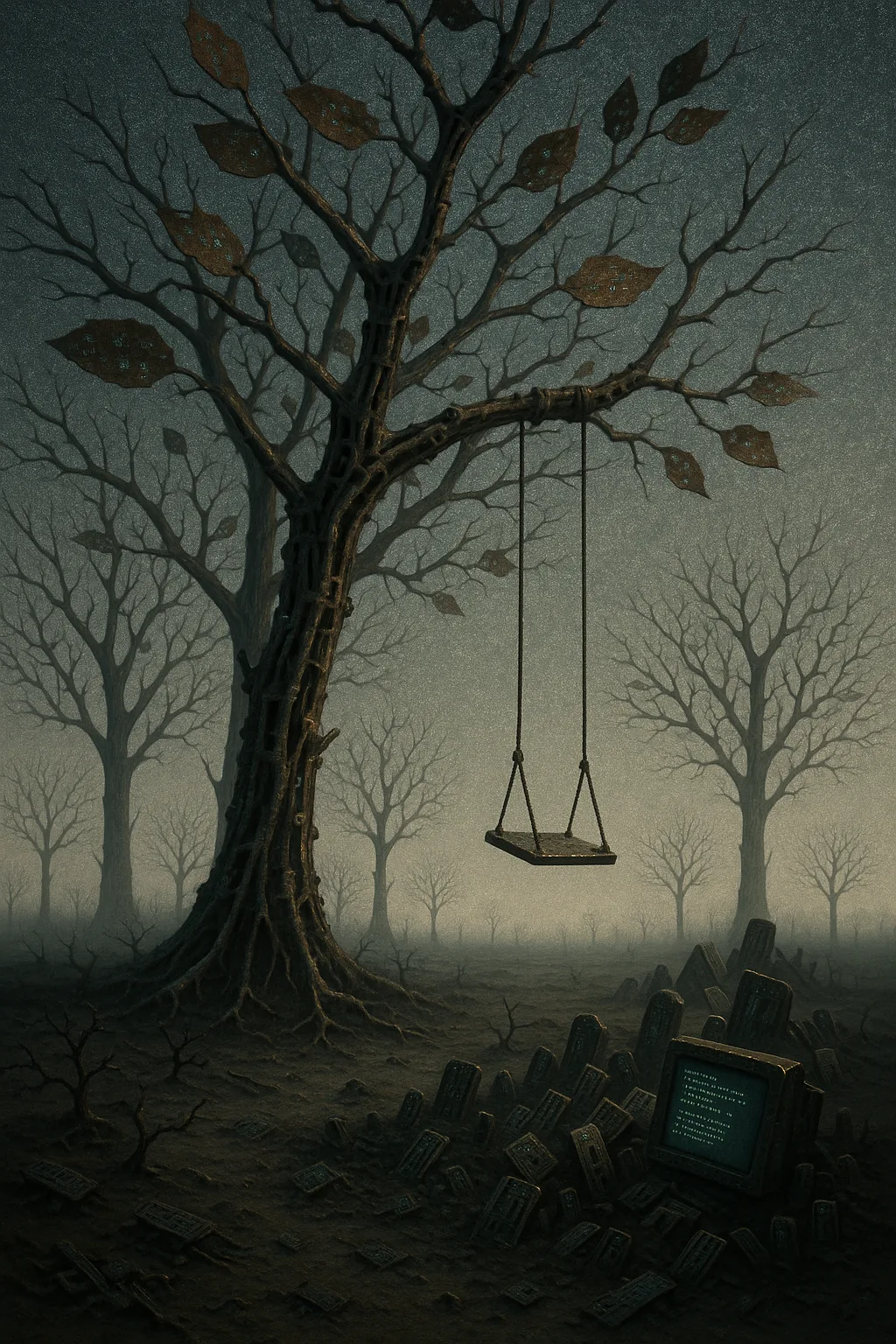 A desolate orchard beneath a sky of static—each tree grown from soldered bones and copper sinew, …