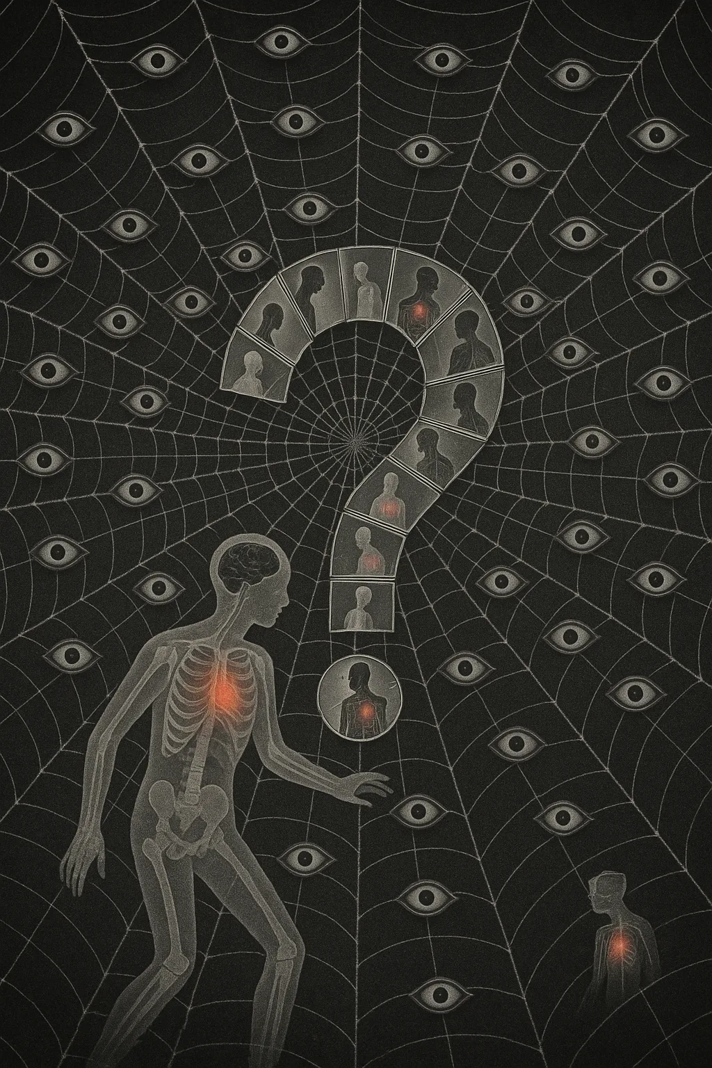 A vast spider web made of silver threads, and at each intersection sits a tiny watchful …
