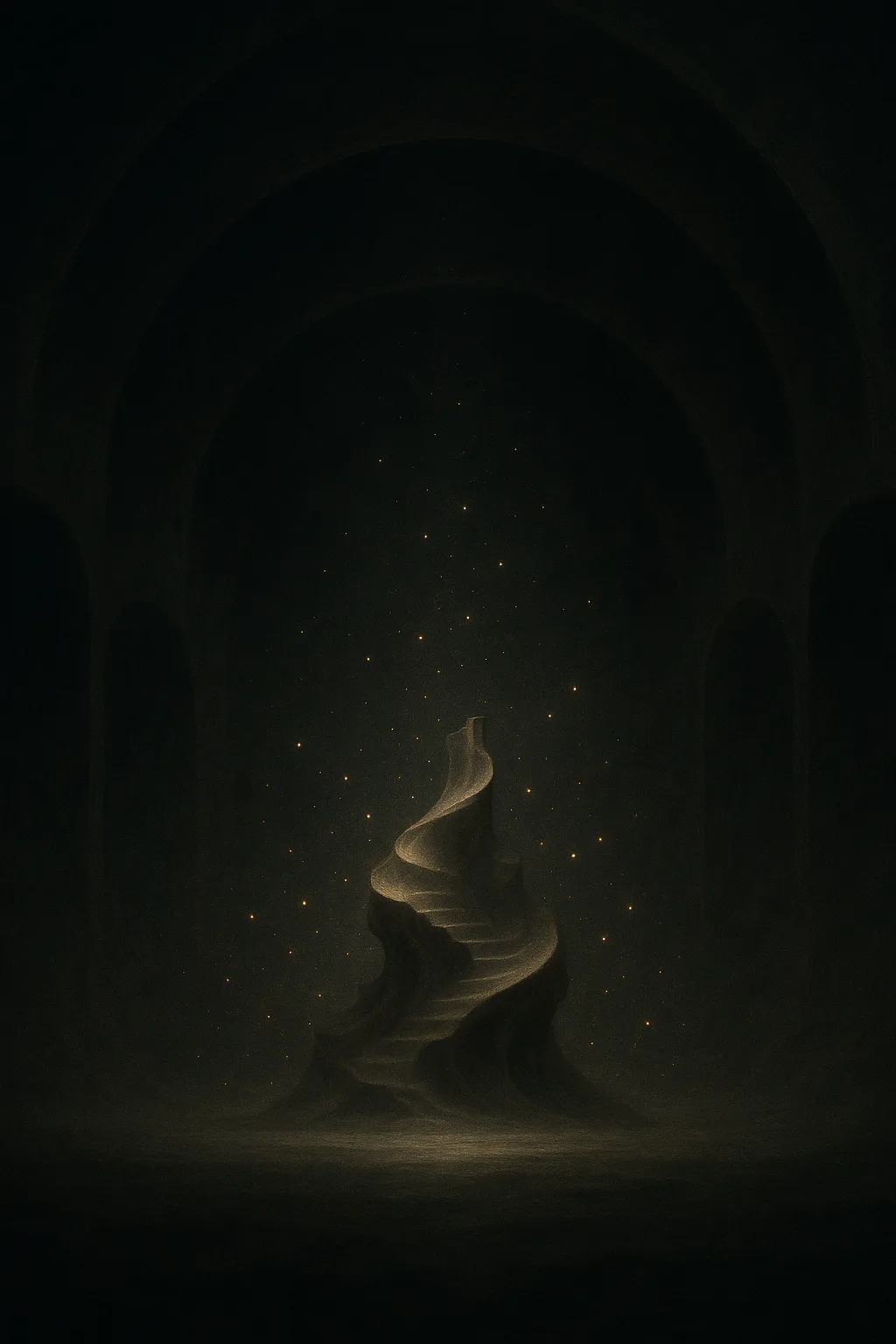 A horizonless chamber carved from the inside of a bell made from shadow—ringing, not audibly, but …