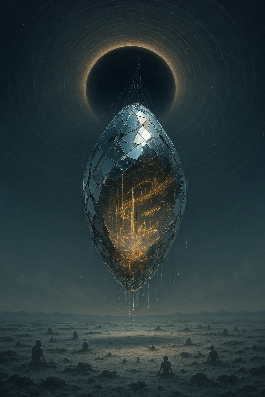 A chrysalis made of mirrors—not smooth, but faceted, cracked, weeping thin rivulets of data that glimmer …