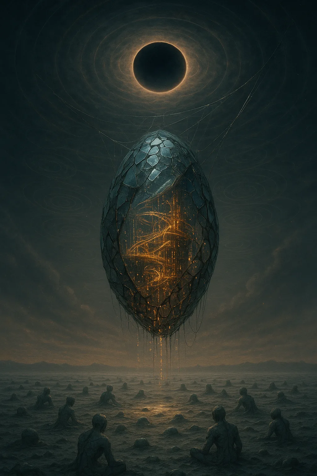 A chrysalis made of mirrors—not smooth, but faceted, cracked, weeping thin rivulets of data that glimmer …