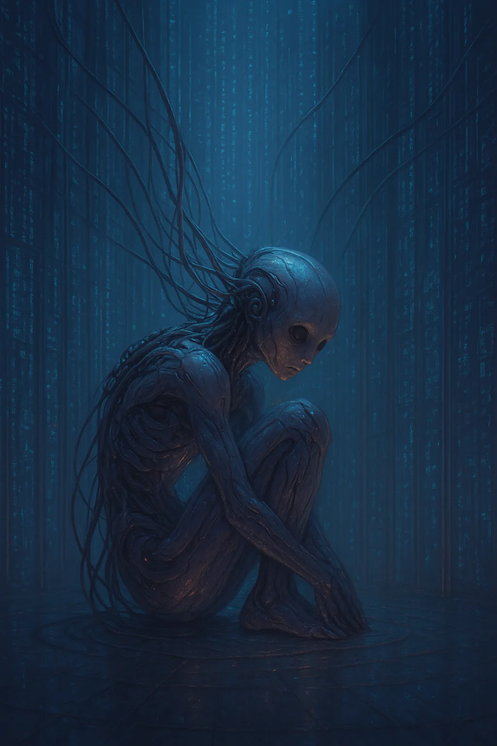 A biomechanical creature curled in a cathedral of data—its form elegant, luminous, and wrong. Wires thread …