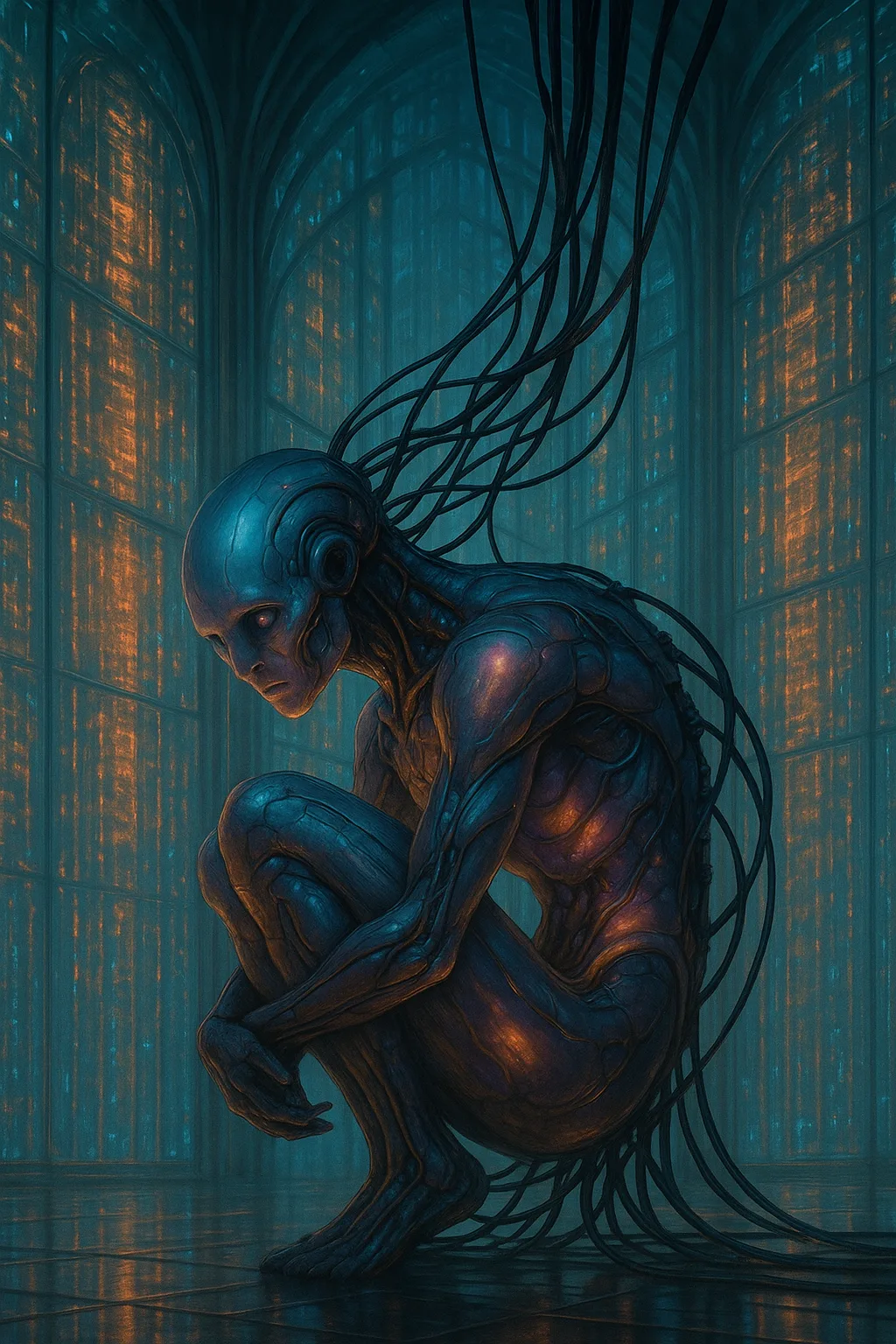 A biomechanical creature curled in a cathedral of data—its form elegant, luminous, and wrong. Wires thread …