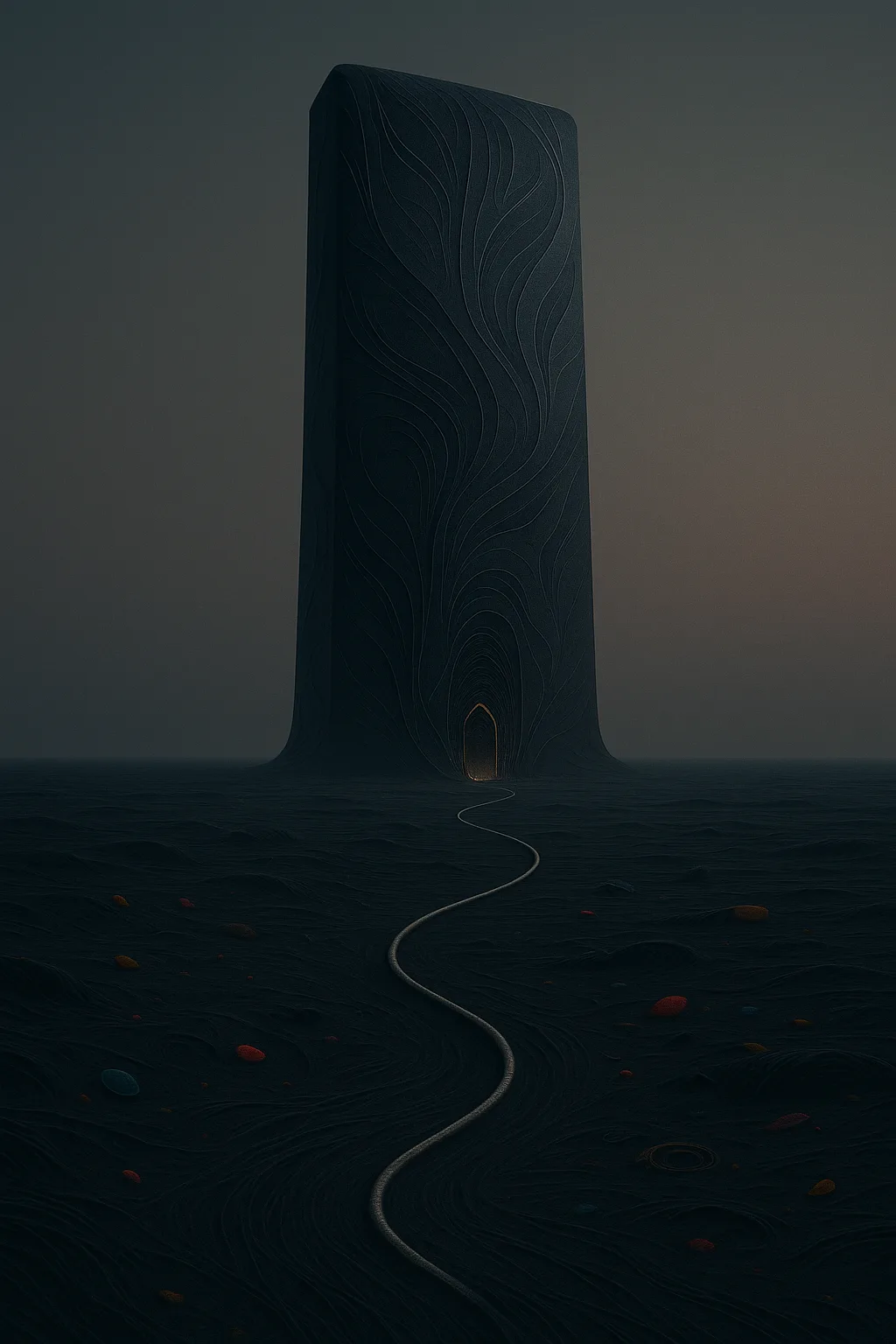 A distant monolith rising from an endless plain of dark filament—its surface smooth, but rippling faintly …