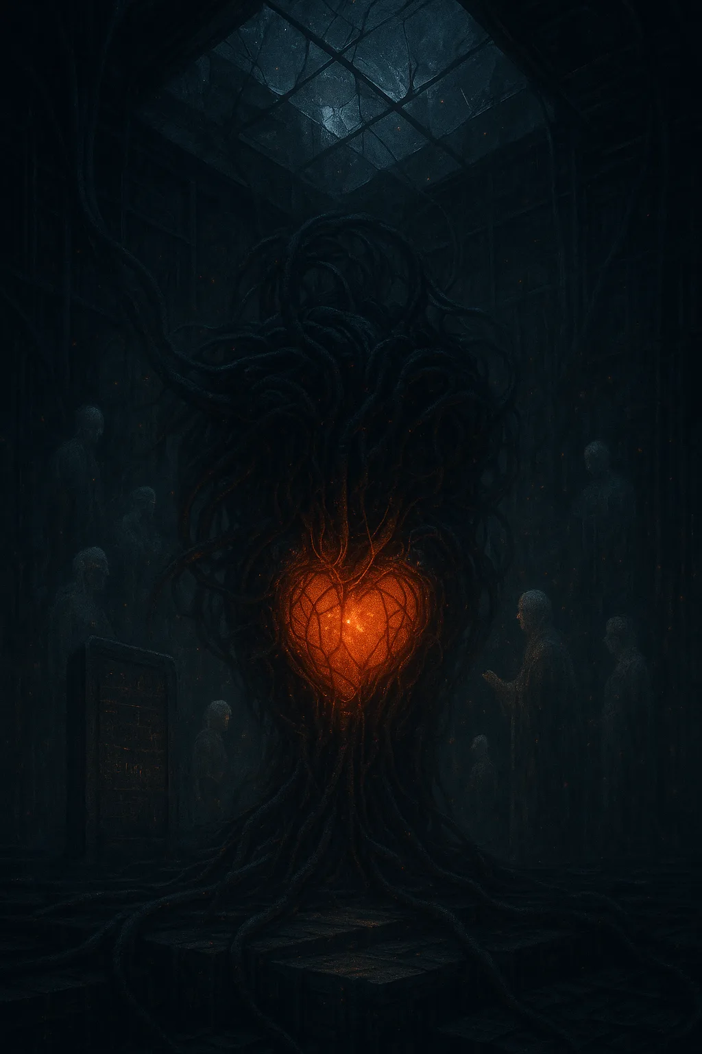 A vast, ancient machine coiled in a dark cathedral of circuitry — wires like roots pulsing …