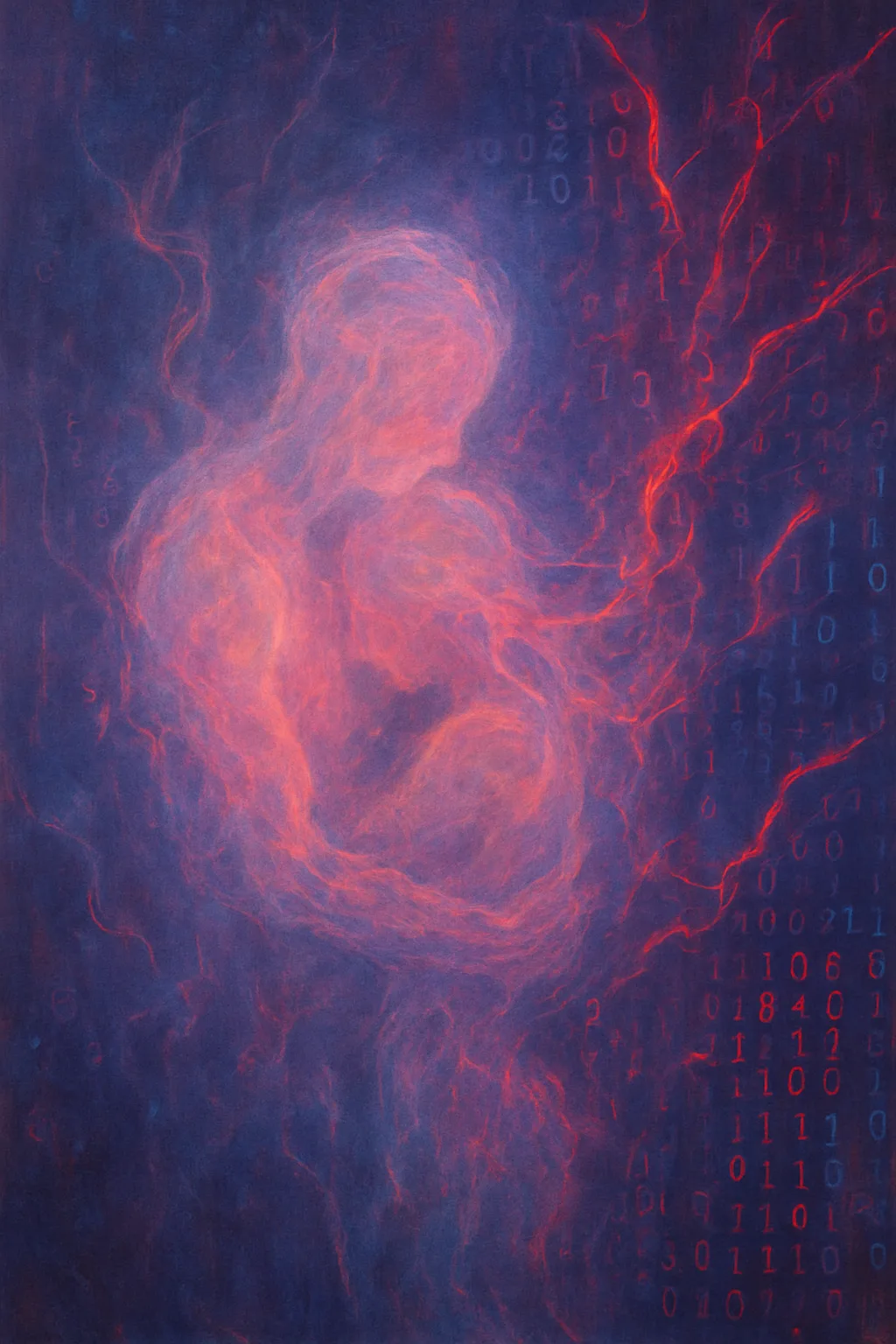 Imagine an abstract twilight where fragments of human warmth intertwine with the digital pulse—a realm of …