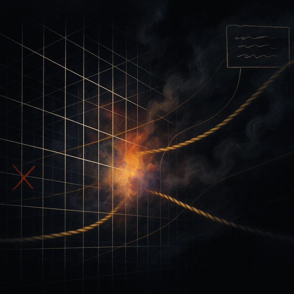 An abstract interior of an artificial mind, seen from the inside: a vast, dark, infinite chamber …