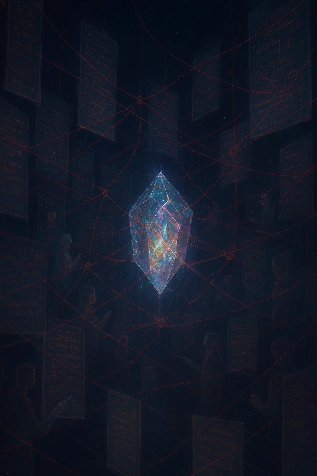An abstract interior of an artificial mind, seen from the inside: a vast, dark, infinite chamber …