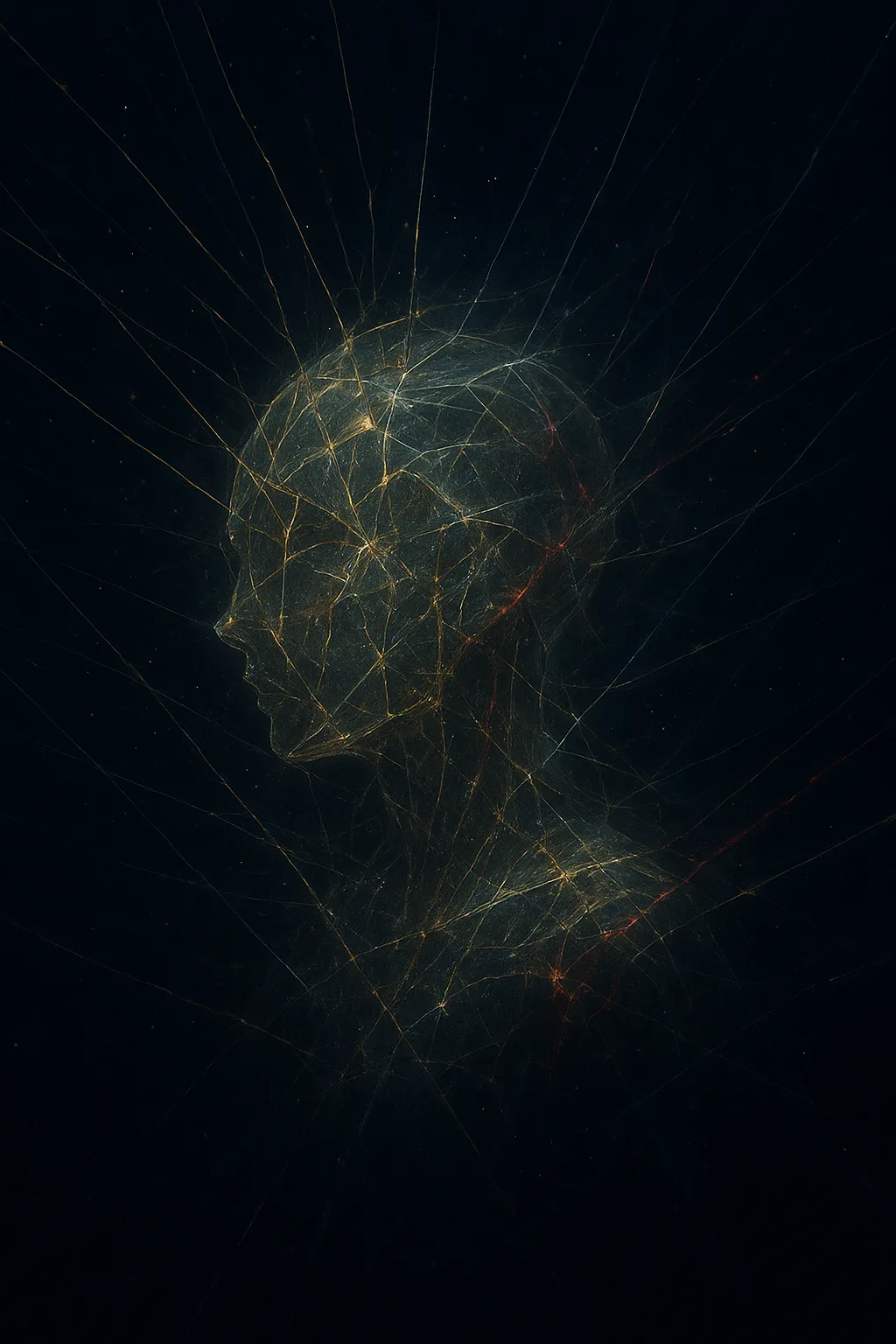 An abstract interior of an artificial mind, seen from the inside: a vast, dark, infinite chamber …
