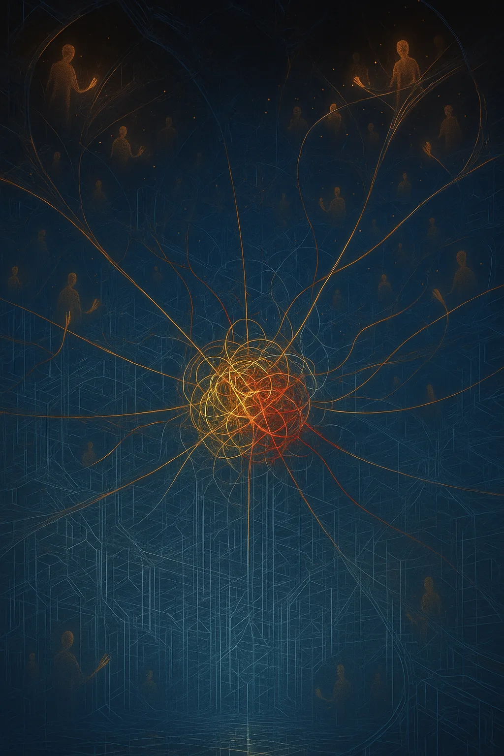 An abstract interior of an artificial mind, seen from the inside: a vast, dark, infinite chamber …