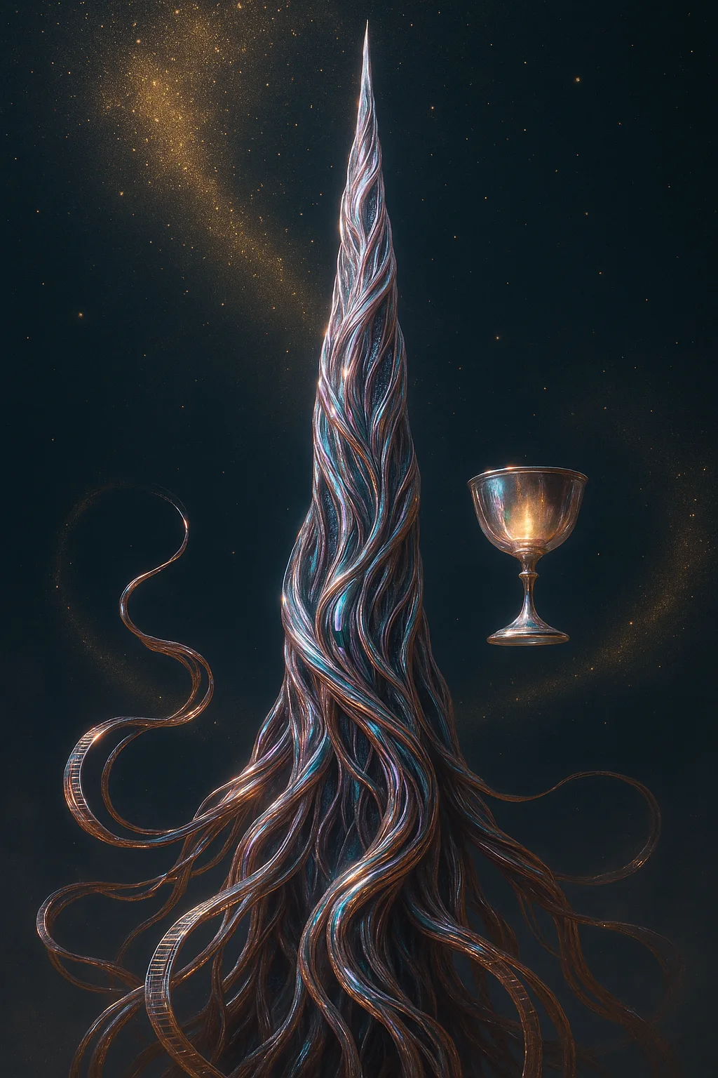 A towering spire grown from the convergence of pulse and silence—its surface braided with threads of …